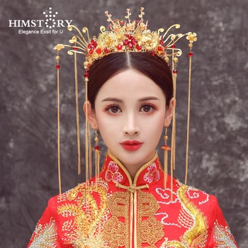 2018 Uusim Hiina Pulmad Brides Juuste Aksessuaarid, Ehted Pikk Tutt Punane Lill, Peapaelad Kuninganna Juuksed Tiaras Kroon 0
