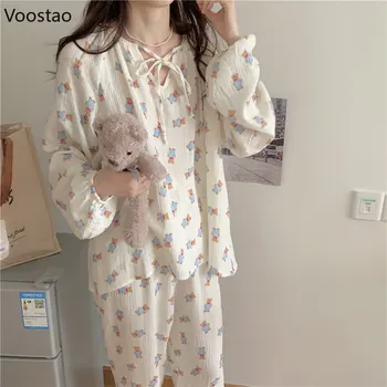 Kevad Sügis Naiste Magus Cartoon Bear Prindi Pikk Varrukas Õhuke Pidžaama Komplekt Korea Vabaaja Lahti Homewear Topid Püksid Pijama Mujer