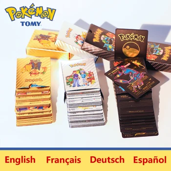 55PCS Pokemon Kaardid Pehme Metall inglise keel prantsuse keel saksa keel hispaania keel Pikachu Kuld, Hõbe Must Tähestik Mängud Laekuva Kaardi Mänguasjad