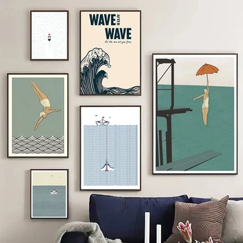 Surfer Laine Canavs Maali Ujuvad Naine Jätab Prindib Põhjamaade Merendus-Origami Paat Mere Plakat Home Art Decor Pildid 0