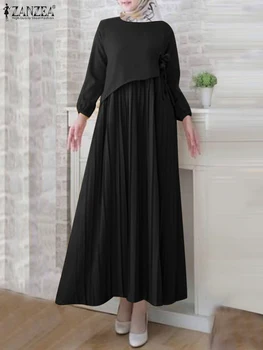 ZANZEA Elegantne Vintage Abaya seal kaftan Moslemi Kleit Täis Varruka Värviga O-Kaeluse Sundress Naine Sügis Pits-Up Maxi Kleit 2022