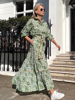 XEASY Naiste Vintage Print Kleit 2022 Uus Elegantne Rinnamikrofon Trükitud Pikad Varrukad Pits Üles Ühe Karavan Särk Pikk Kleit