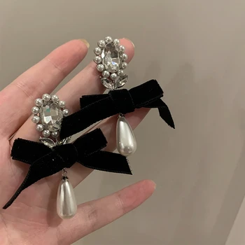 MENGJIQIAO korea Vintage Elegantne Sametist Must Bowknot Tilk Kõrvarõngad Naiste Mood Ovaalne Crystal Pendientes Ehted 0