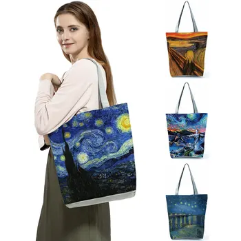 Van Gogh Õlimaal Kott Mood Reisikott Naiste Vaba Aja Veetmise Eco Shopping Kvaliteetne Kokkupandav Käekotid Blue Custom Muster 0