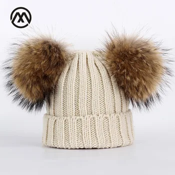 Talve uus laste topelt pesukaru karusnahast tuti, koo mütsid tüdruk väljas soe ja mugav lahti puuvill slouchy beanie mütsid 0