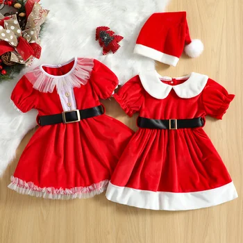 SUNSIOM Väikelapse Jõulud Tüdruk Kleit Lühikeste Varrukate Silmadega Nukk Krae Nupp Ees Xmas Party Kleidid Must Vöö