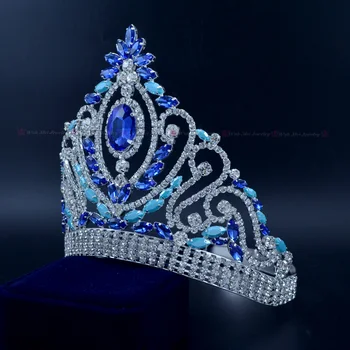 Võistlused Crown Sinine Pulm Tiara Austria Rhinestone Crystal Brides Headpiece Ilu Prom Pool Kostüümid Hairwear mo226