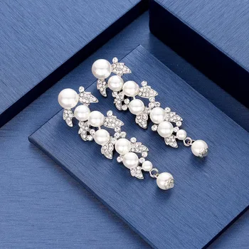 TREAZY Luksuslik Hõbedane Värv Pearl Crystal Pulm Tilk Kõrvarõngad Naistele Pruudi Õie Pikad Kõrvarõngad naine pendientes