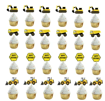 24tk Ehitus Sõiduki Ekskavaator Cake Toppers Poiss on Happy Birthday Party Cupcake Torukübar Cartoon Auto Poole Toppers
