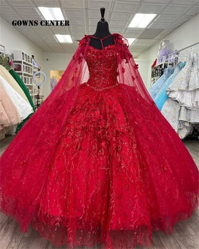 Tülli Cape Punane Quinceanera Kleidid 3D Lilled Pall Kleit Sünnipäeva Pits Kleit Üles Lõpetamise Kleit vestidos de quinceañera