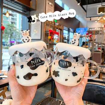 Uus Kawaii Piima Lehma Klaasist Kruus Kaanega Cartoon Armas Läbipaistev Kohvi Tass Käepide Üliõpilane Paar Hommikusöök Piima-Vee Tassi