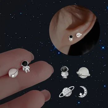 Uus hõbetatud Naine Kõrvarõngad Asümmeetrilise Armas Space Astronaut Planeedi Opaal Kõrvarõngad Naistele Kõrva Augustamine Ehted