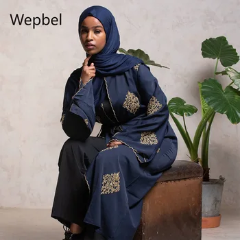 Wepbel Embroidere Islami Kampsun, Dubai Rüü Kuld Niit Moslemi Abaya Pikad Varrukad Kimono Lahti Aafrika Lace Up Ramadan Kleit