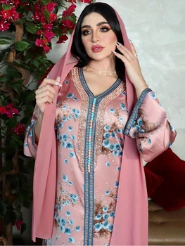 Teemandid Jalabiya Õie Printida Naiste Pikk Araabia Kleit Maroko Punutised Dubai Abaya Õhtu Pool Palli Kleit Ramadan Moslemi Rüü