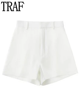 TRAF Valge Skorts Naiste Kõrge Vöökoht Bermuda Püksid Naine Suvel Plisseeritud Vabaaja Püksid Naiste Komplektid Streetwear Lühikesed Püksid Naistele 0