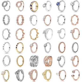 925 Sterling Silver Ring Princess Tiara Royal Crown Kristall Rõngad Naiste Pulmapidu Mood Ehteid