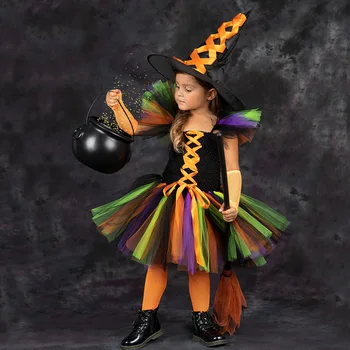 Halloween Varjata Nõid Kostüüm Lapse Cosplay Pool, Karneval, Festival, Kleit Up Printsess Kleit Pikad Müts Pintslite Komplekt
