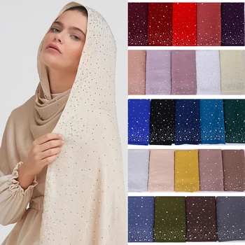 Naiste Moslemi Tavaline Mull Pearl Sifonki Sall Hijab Hot Müük Diamond Rhinestone Suurrätikud Peapael Foulard Femme hijabs Sallid Uus