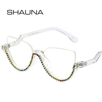 SHAUNA Retro Semi-Rimless Cat Eye Naiste Prillid Raami Luksus Teemant Selge, Anti Blu-Ray Prillid Kevad Hinge Mehed Optiline Raam 0