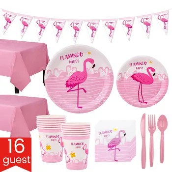 Roosa Flamingo Tüdruk sünnipäeva Teenetemärkide Ühekordsed Nõud Paber-Plater Cup Laudlina Tüdrukute Poole Asjade decor 0