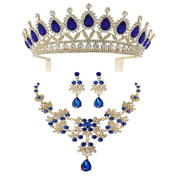 Sinine Rhinestone Crown Kaelakee Komplekt Pulm Tarvikud Kaelakee Pruudi Ornament Pulm Headdress Naised