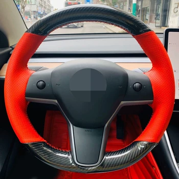 Käsitsi Õmmeldud Pehme Auto Rooli Kate Non-slip Must Ehtne Nahk Jaoks Tesla model 3 2017-2020