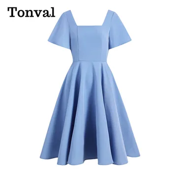 Tonval Square Kaela 50s Vintage Blue Elegantne Tahke Kiik Kleidid Naiste Lühikesed Varrukad Suvel 2021 Uus Retro Plain Kleit