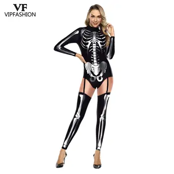 VIP MOOD Cosplay Skelett Trükitud Kombekas Karneval peorõivad Onesies Varustus Romper Bodysuit Halloween Kostüüm Naistele