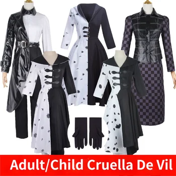 2021 Uue Filmi Paha Madame Cruella De Vil Kostüüm Naistele Cosplay Kleit Must Valge Neiu Kleit Halloween Fancy Kleit Parukas