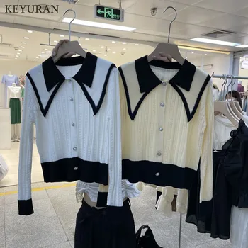 Valge Terav Ruffle Keera Krae Kootud Kampsun, Naiste Sügis-korea Värvi Kontrasti Single-breasted Kampsun Crop Top Outwear