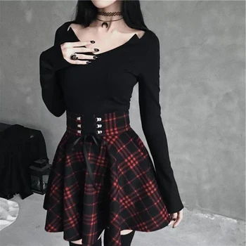 Musta Ruuduline Naiste Gooti Seelik Naiste Ruuduline Plisseeritud Seelikud Kevad Sügis Tüdruk Hip-Hop Naine Punk Goth Mini Seelik Clubwear