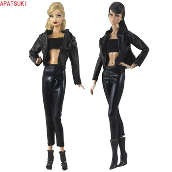 Must Nahk Nuku Riiete Komplekt Barbie Riided Fashion Mantel, Jope Peal Pingul Püksid, Kingad Barbie 1/6 Nukud, Aksessuaarid, Mänguasjad 0