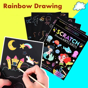 9Pcs Magic Rainbow Värvi Kriimustada Kunsti Maali Paber-Kaardi Kit Cartoon Dinosaurus Ükssarvik joonestuslaud Lapsed DIY Haridus Mänguasjad