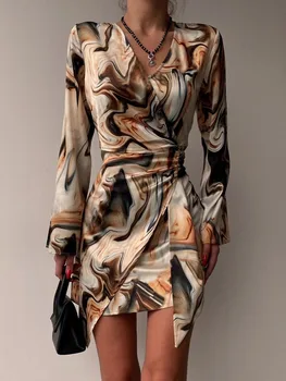 Kevad-Sügis Vintage Trükitud Slim Mini Kleit Naiste Mood V-Kaelus Pikk Varrukas Pool Kleit Lady Elegantne Office Wrap Lühike Kleit 0