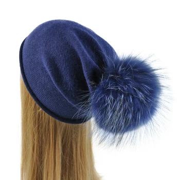 Naiste Villane Kootud Müts Kõrge Kvaliteedi Mood Soe Vabaaja Skullies Beanies Päris Suur Kährik Karusnaha Pom Pom Kevad-Sügis Mütsid 0