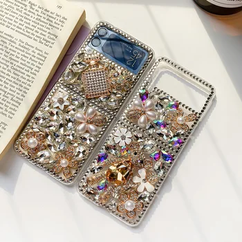 Luksus Bling Rhinestone Karu Lill Selge Raske PC Phone Case For Samsung Galaxy Z Flip 3 5G DIY Teemant Kate Z Flip 4