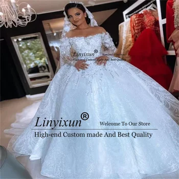 Luxury Crystal Ball Kleit Pulm Kleit Bateau Kaela Glitter Helmed Pits Appliques Pruudi Hommikumantlid Printsess Dubai Vestido de Novia 0