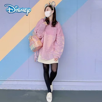 Disney Unisex Naiste Paar Disney World Hupparit Dressipluus Mõõdus 2022 Vabaaja Disneyland Kirja Lahtine O-Kaelus Pikad Varrukad Armas