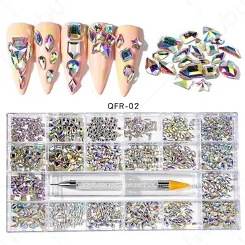 400PCS /Kast Nail Kivid +1tk Dotting Pen AB Crystal Kivid Küüned, Flatback Kristallid Segatud Kuju Nail Art 0