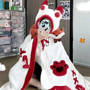 Armas Anime Fox Varjatud Pidžaama Y2k Kawaii Cartoon Coral Velvet Sleepwear Naiste Sügis-Talv-Valge, Must -, Plüüš-Tekk Cape Paar 0