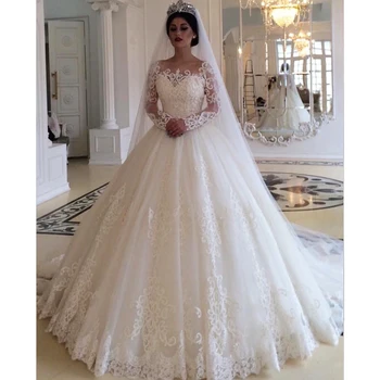 Saudi Araabia valge Elevandiluu pulmakleit 2021 Uus Pall Kleit Elegantne Pits Appliques Pikad varrukad Pruudi Hommikumantlid Vestido De Noiva