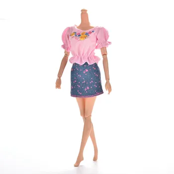 1tk Roosa Riided Komplekti Suvel Lühikesed Varrukad Flower Print Mannekeeni Kleit elegantne Seelik Barbie Nukk
