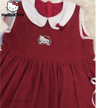 Sanrio Hello Kitty Punane Jõulud Retro Kleit Armas Tüdruk Armas Kleit Stiilne Sügis-Talv Velvetist Rihm Seelik Seelik Vest Naistele