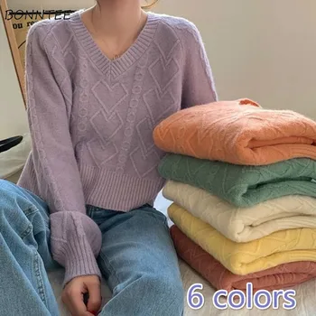 Põllukultuuride Kampsunid Naistele Ins Armas Candy Värvi Jaapani Mood Basic Ladies Pulloverid Vintage Tahked V-kaeluse Kõik-match Naiste Kampsun 0