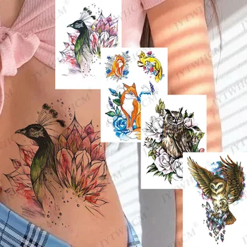 Värviline Lind Fox Ajutiste Tätoveeringute Kleebis Realistlik Võltsitud Lõvi Metsa Akvarell Tiiger Tattoo Naiste Seksikas Body Art Tatoos 0