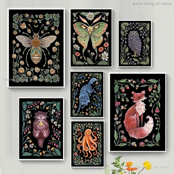 Mesilaste Rebane, Öökull Seina Art Plakatid Luna Moth Art Home Decor Hd Prindi Loomade Cartoon Kingitus Lõuendile Maali Loomade Kids Room Decor