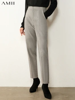 AMII Minimalism Sügisel Vintage Naiste Püksid Mood Kõrge Wasit Ruuduline Sirge Ankel-pikkus Naiste Püksid 12070441 0