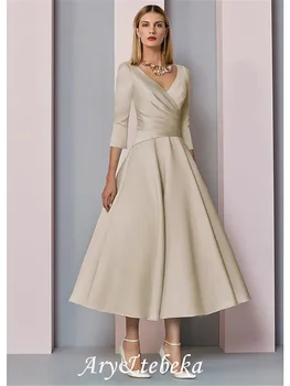 On-Line Ema Pruudi Kleit Pluss Suurus Elegantne Vintage V-Kaeluse Tee Pikkus Satiin 3/4 Varruka Pikkus koos Pleats