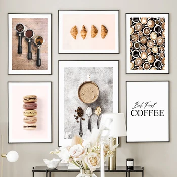 Coffee Bean Macaron Kook Croissant Seina Art Lõuend Maali Nordic Plakatid & Pildid Seina Pilte Köök Magustoit Decor Kauplus