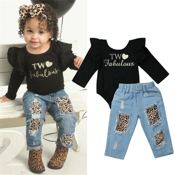 Teise Lapse-Lapsed Riided Tüdrukutele Ruffle Must Tops Romper Denim Leopard Püksid Tüdrukute Riided Varustus